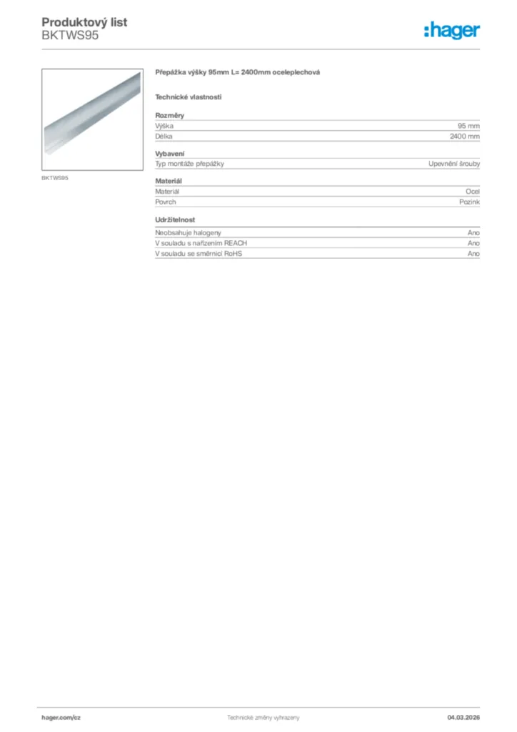 Obrázek Hager Product data sheet BKTWS95 | Hager