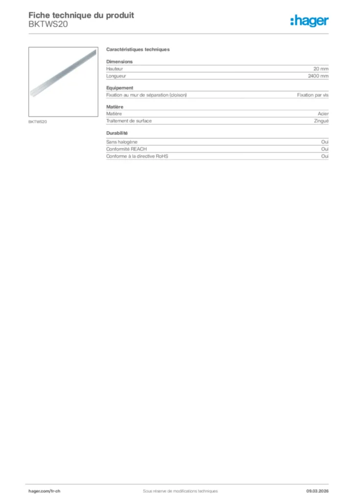 Image Hager Fiche technique du produit BKTWS20 | Hager Suisse