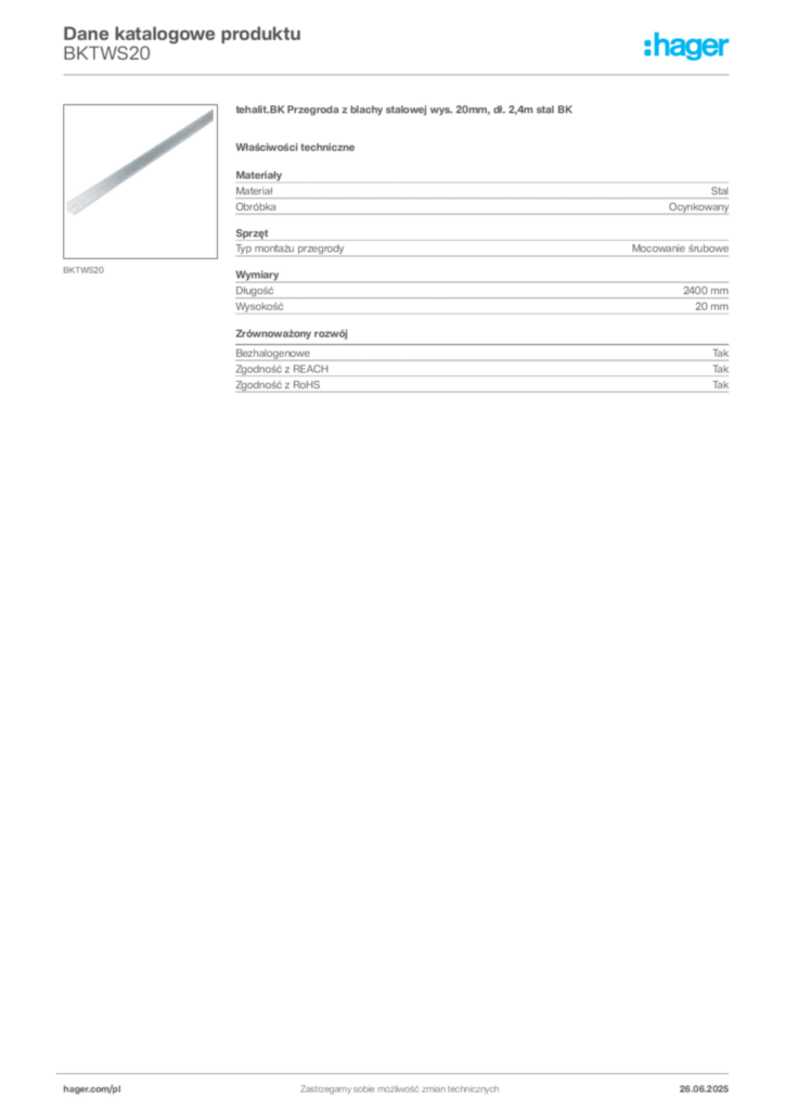 Zdjęcie Hager Karta katalogowa BKTWS20 | Hager Polska