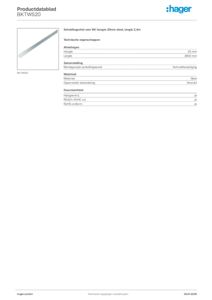 Afbeelding Hager Productdatablad BKTWS20 | Hager Nederland
