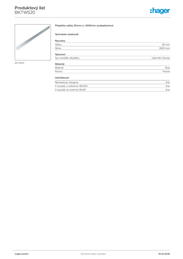 Obrázek Hager Product data sheet BKTWS20 | Hager