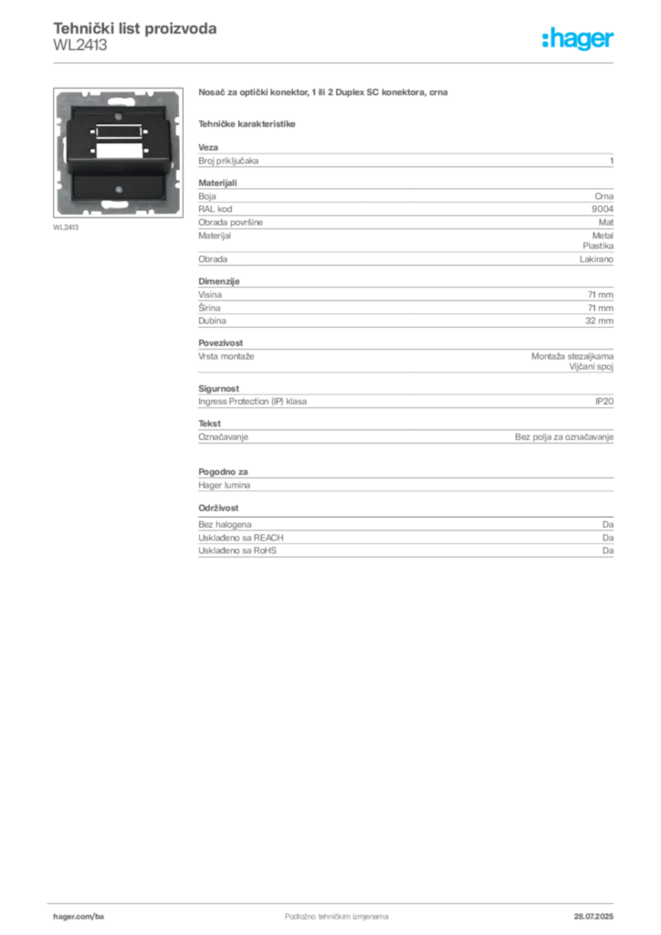 Slika Hager Product data sheet WL2413  | Hager