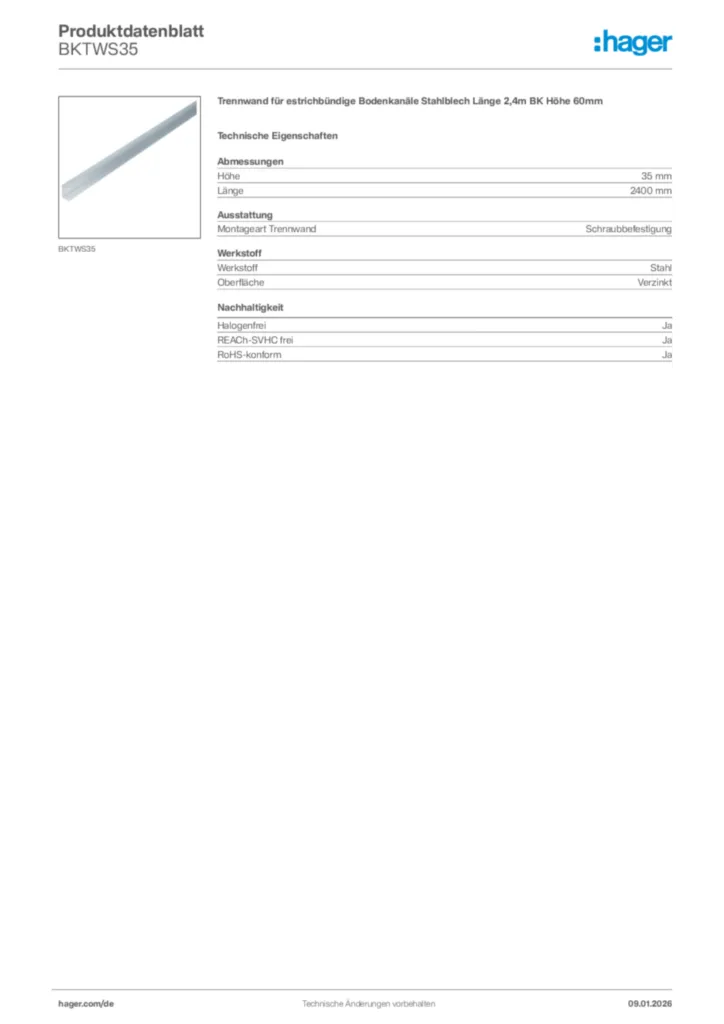 Bild Hager Produktdatenblatt BKTWS35 | Hager Deutschland
