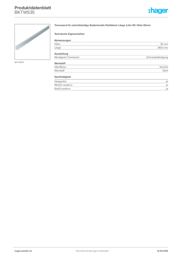 Bild Hager Produktdatenblatt BKTWS35 | Hager Schweiz