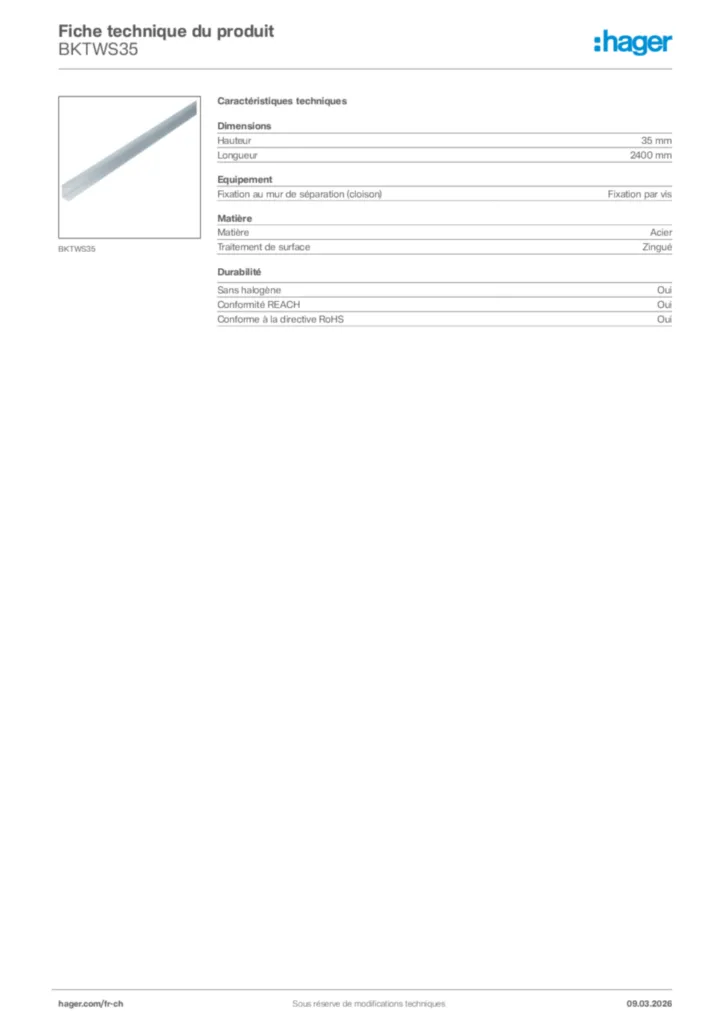 Image Hager Fiche technique du produit BKTWS35 | Hager Suisse
