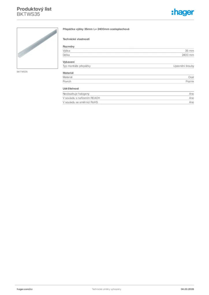 Obrázek Hager Product data sheet BKTWS35 | Hager