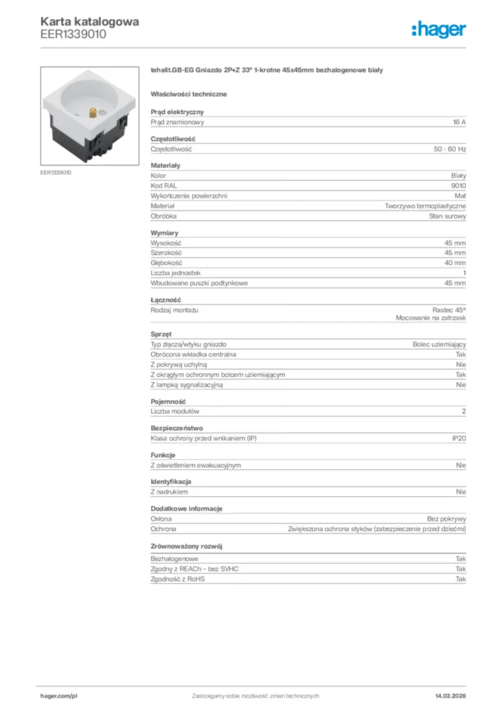 Zdjęcie Hager Karta katalogowa EER1339010 | Hager Polska