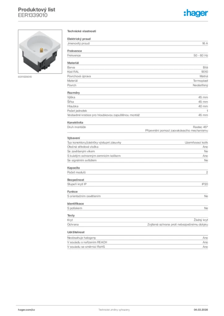 Obrázek Hager Product data sheet EER1339010 | Hager
