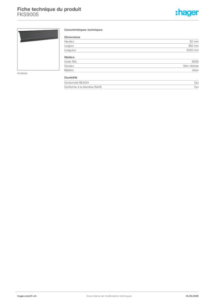 Image Hager Fiche technique du produit FKS9005 | Hager Suisse