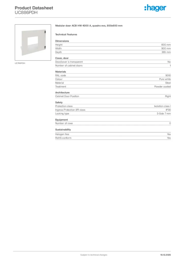 Image Hager Product data sheet UC886PDH  | Hager Africa