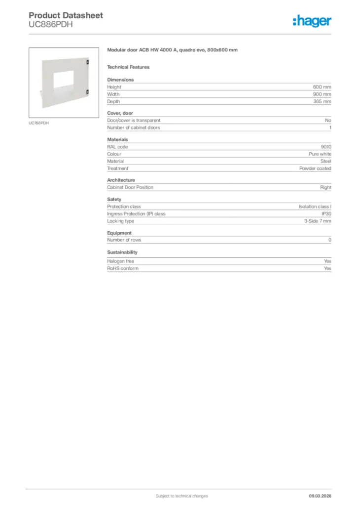 Image Hager Product data sheet UC886PDH  | Hager Africa
