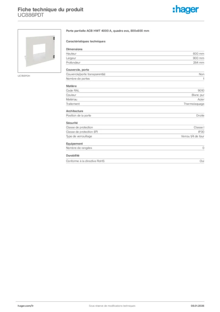 Image Hager Fiche technique du produit UC886PDT | Hager France