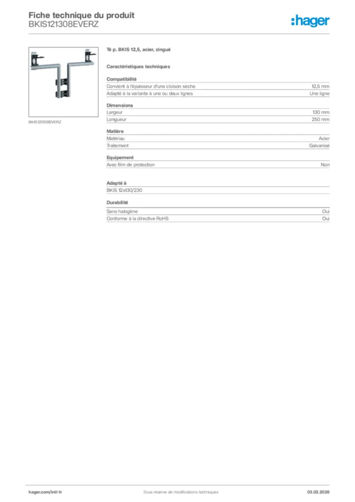 Image Hager Fiche technique du produit BKIS121308EVERZ | Hager Afrique