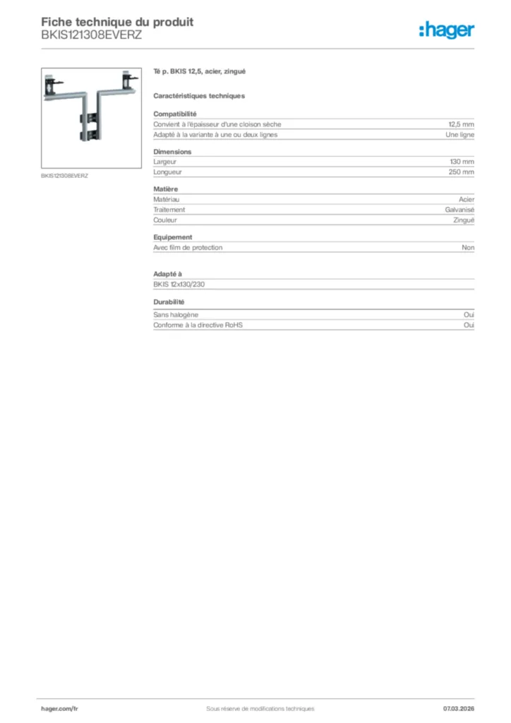 Image Hager Fiche technique du produit BKIS121308EVERZ | Hager France