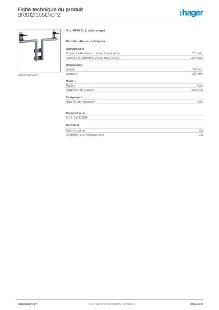 Image Hager Fiche technique du produit BKIS121308EVERZ | Hager Suisse