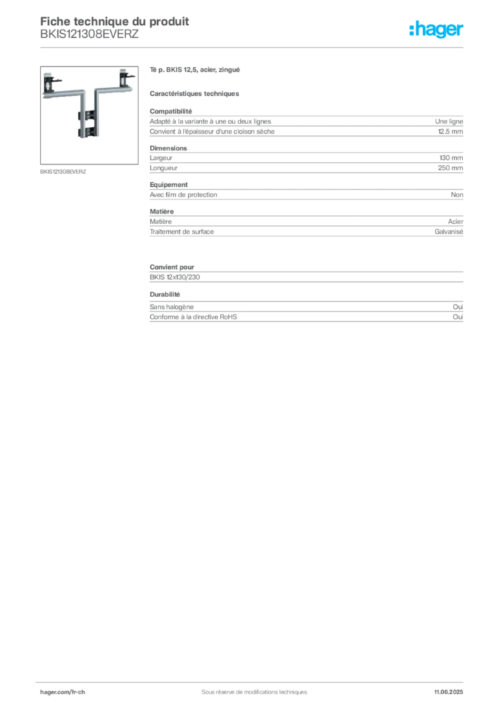 Image Hager Fiche technique du produit BKIS121308EVERZ | Hager Suisse