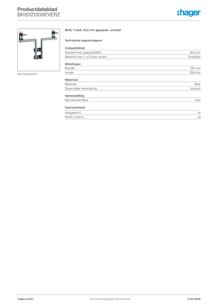 Afbeelding Hager Productdatablad BKIS121308EVERZ | Hager Nederland