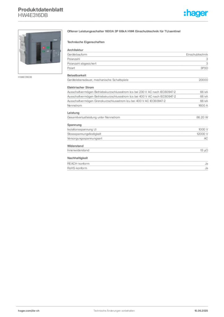 Bild Hager Produktdatenblatt HW4E316DB | Hager Schweiz