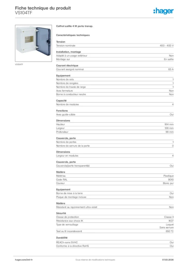 Image Hager Fiche technique du produit VS104TF | Hager Afrique