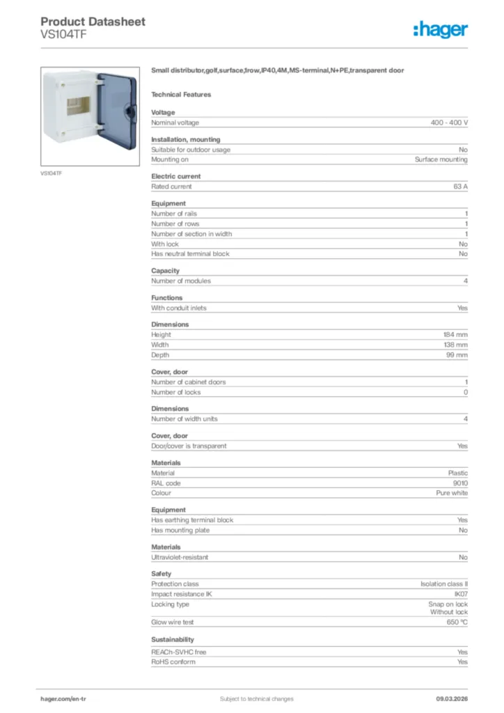 Image Hager Product data sheet VS104TF  | Hager