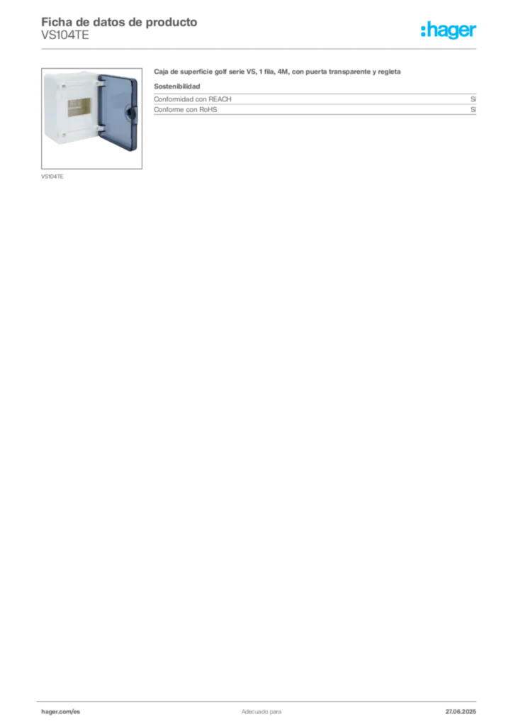 Imagen Hager Ficha de datos de producto VS104TE | Hager España