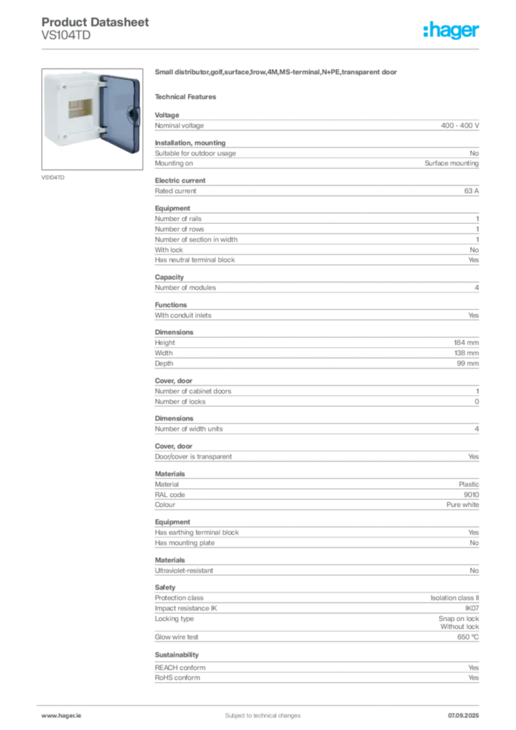 Image Hager Product data sheet VS104TD  | Hager