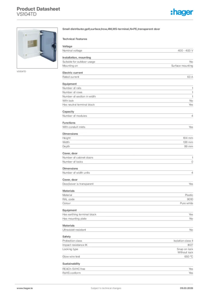 Image Hager Product data sheet VS104TD  | Hager
