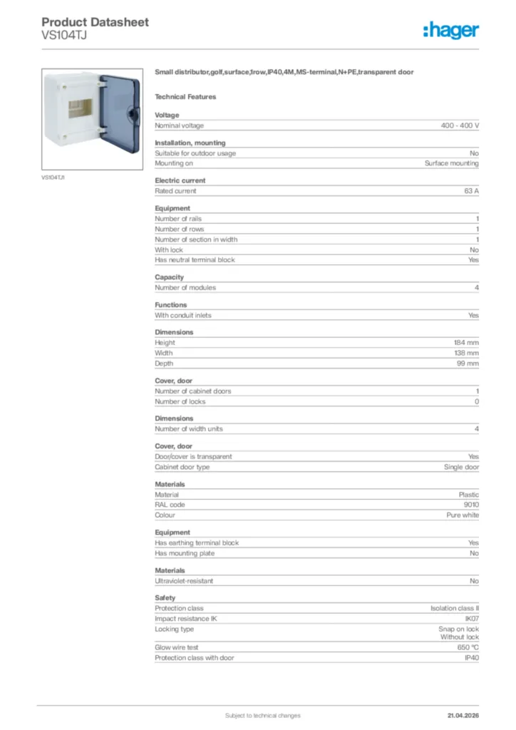 Image Hager Product data sheet VS104TJ  | Hager Africa