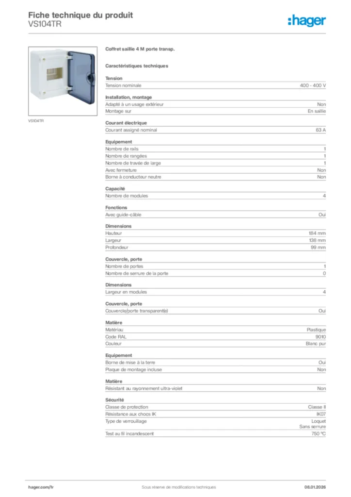 Image Hager Fiche technique du produit VS104TR | Hager France