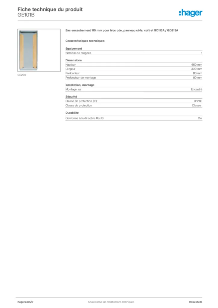 Image Hager Fiche technique du produit GE101B | Hager France