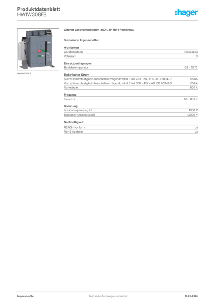 Bild Hager Produktdatenblatt HW1W308FS | Hager Deutschland