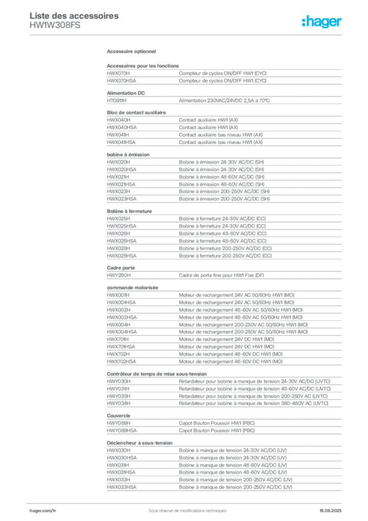 Image Hager Fiche technique du produit HW1W308FS | Hager France