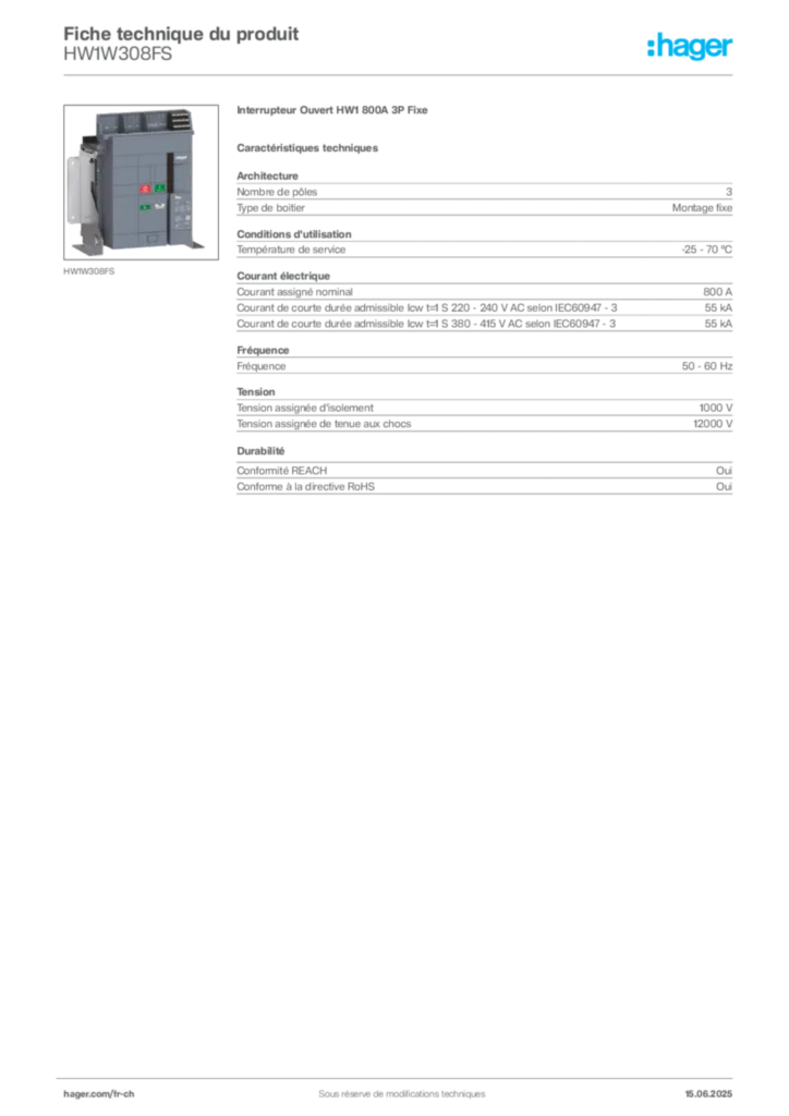 Image Hager Fiche technique du produit HW1W308FS | Hager Suisse