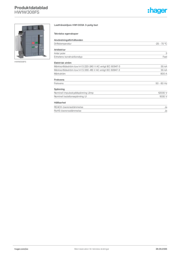 Bild Hager Produktdatablad HW1W308FS | Hager Sverige