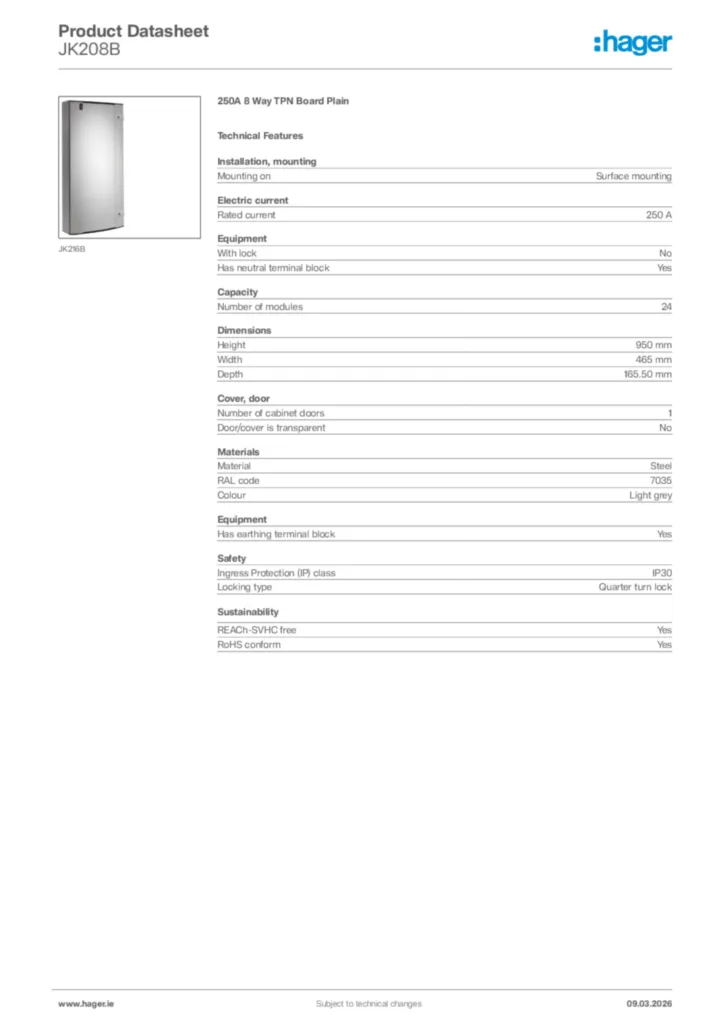 Image Hager Product data sheet JK208B  | Hager