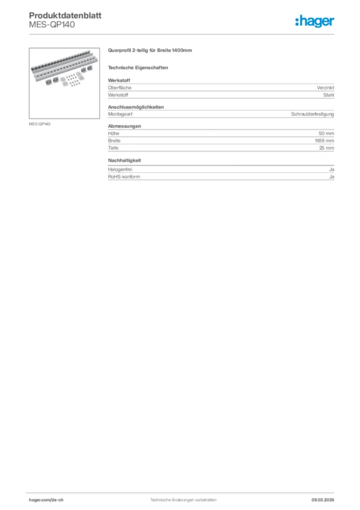 Bild Hager Produktdatenblatt MES-QP140 | Hager Schweiz