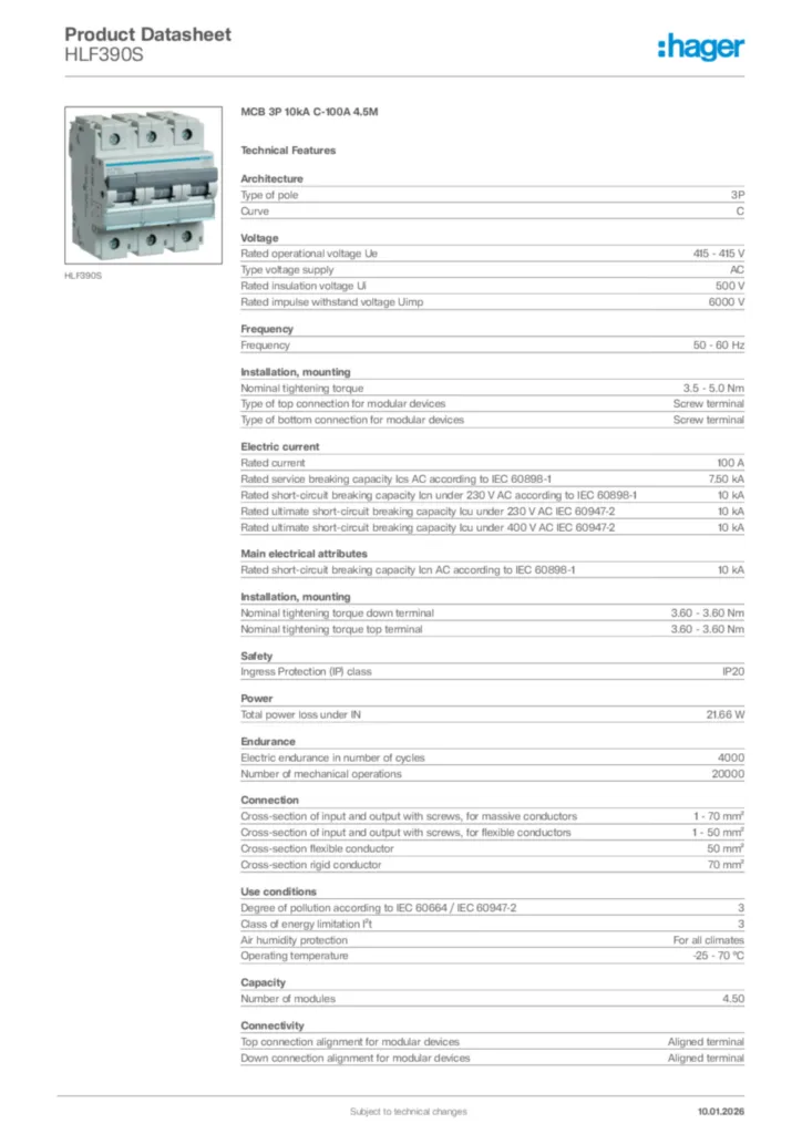 Image Hager Product data sheet HLF390S  | Hager Africa