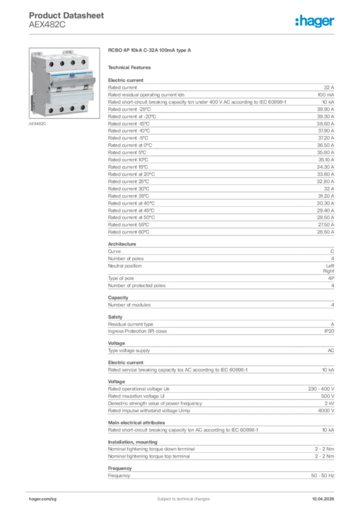 Image Hager Product data sheet AEX482C  | Hager