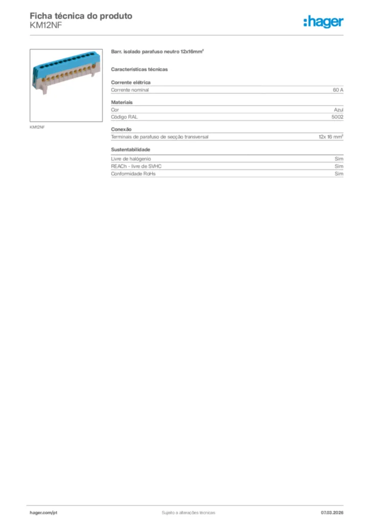 Imagem Hager Ficha técnica do produto KM12NF | Hager Portugal