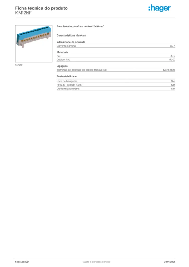 Imagem Hager Ficha técnica do produto KM12NF | Hager Portugal