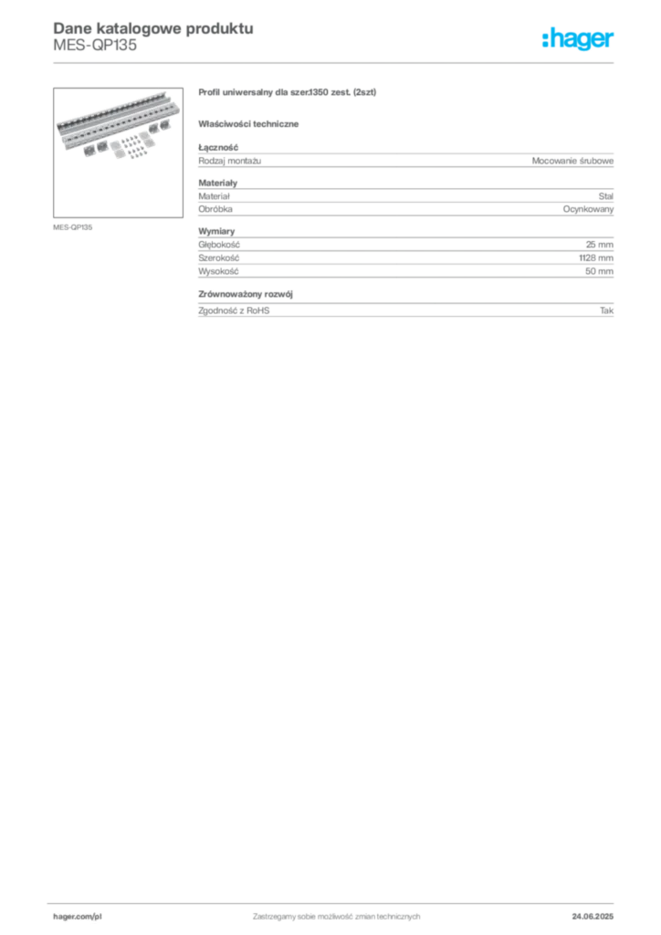 Zdjęcie Hager Karta katalogowa MES-QP135 | Hager Polska