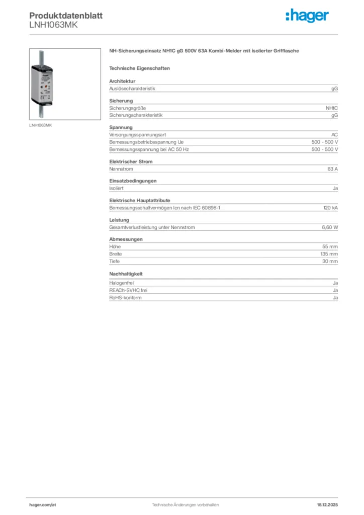 Bild Hager Produktdatenblatt LNH1063MK | Hager Deutschland