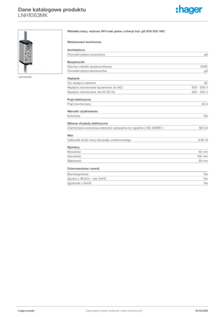 Zdjęcie Hager Karta katalogowa LNH1063MK | Hager Polska