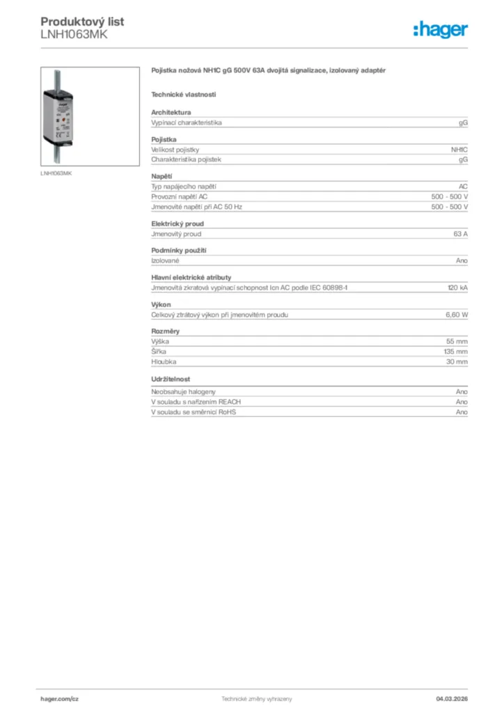 Obrázek Hager Product data sheet LNH1063MK | Hager