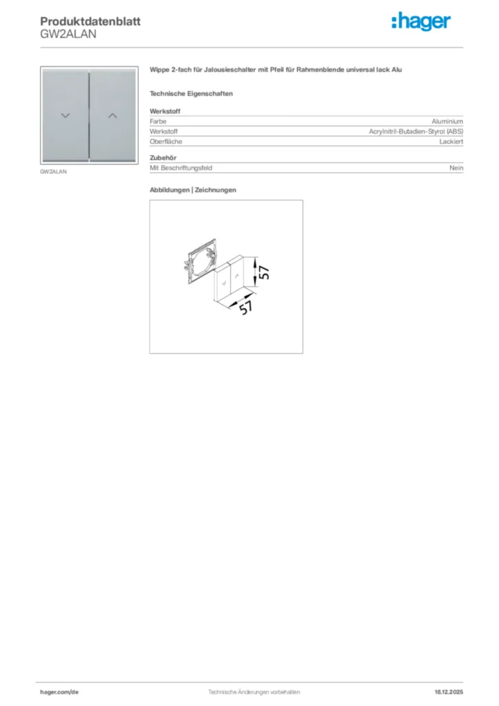 Bild Hager Produktdatenblatt GW2ALAN | Hager Deutschland