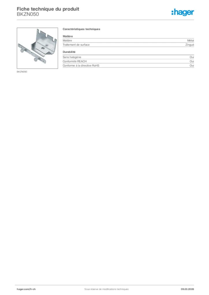 Image Hager Fiche technique du produit BKZN050 | Hager Suisse