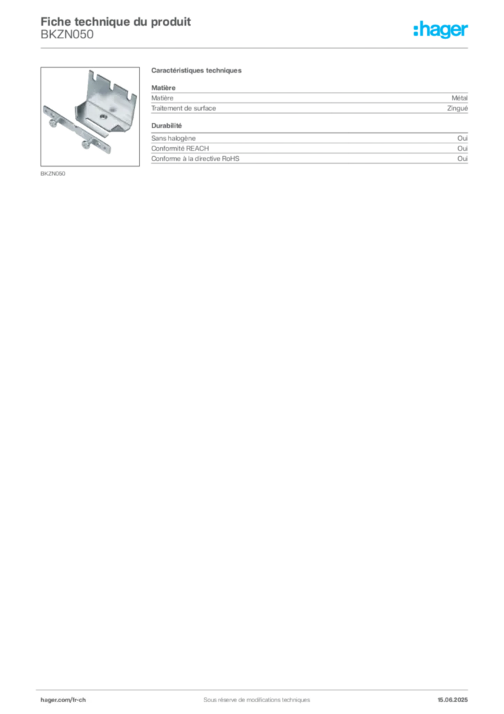 Image Hager Fiche technique du produit BKZN050 | Hager Suisse