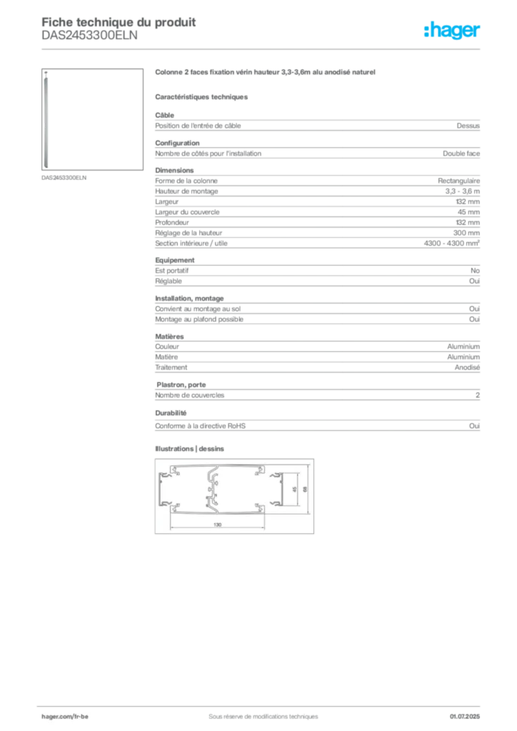 Image Hager Fiche technique du produit DAS2453300ELN | Hager Belgique