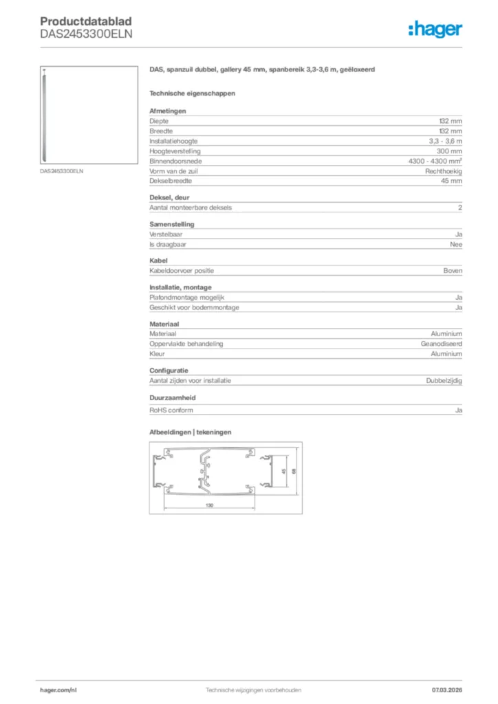 Afbeelding Hager Productdatablad DAS2453300ELN | Hager Nederland