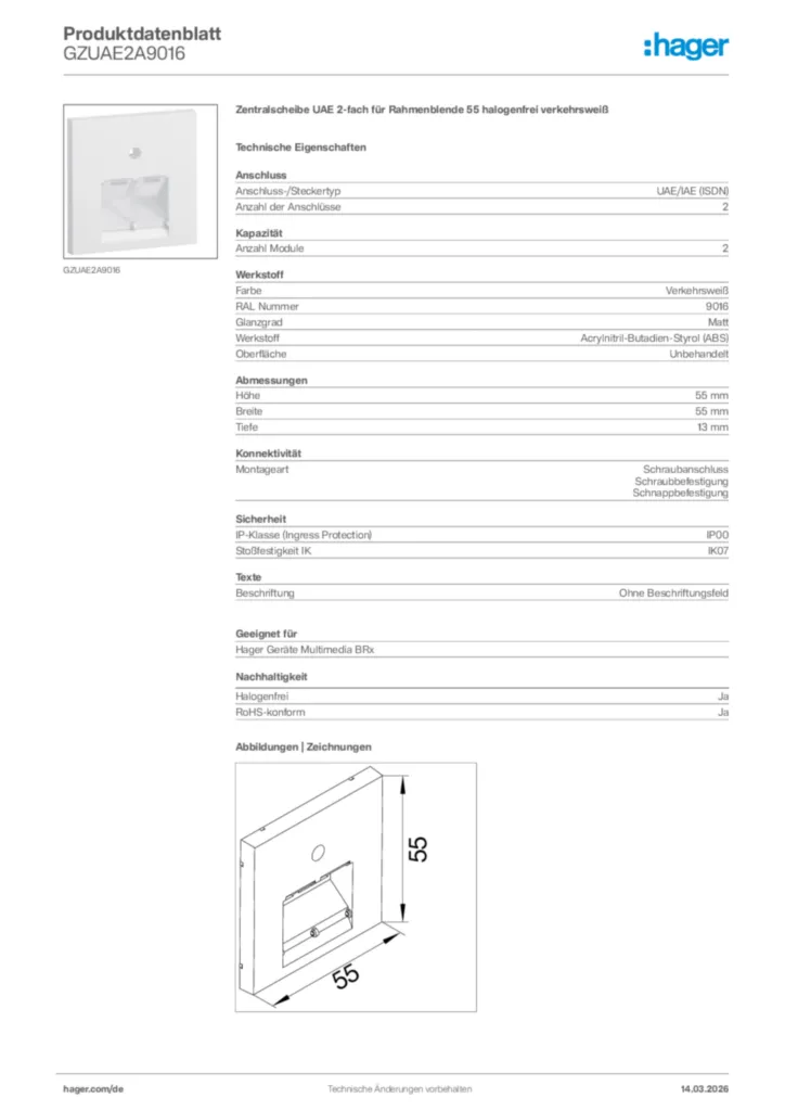 Bild Hager Produktdatenblatt GZUAE2A9016 | Hager Deutschland